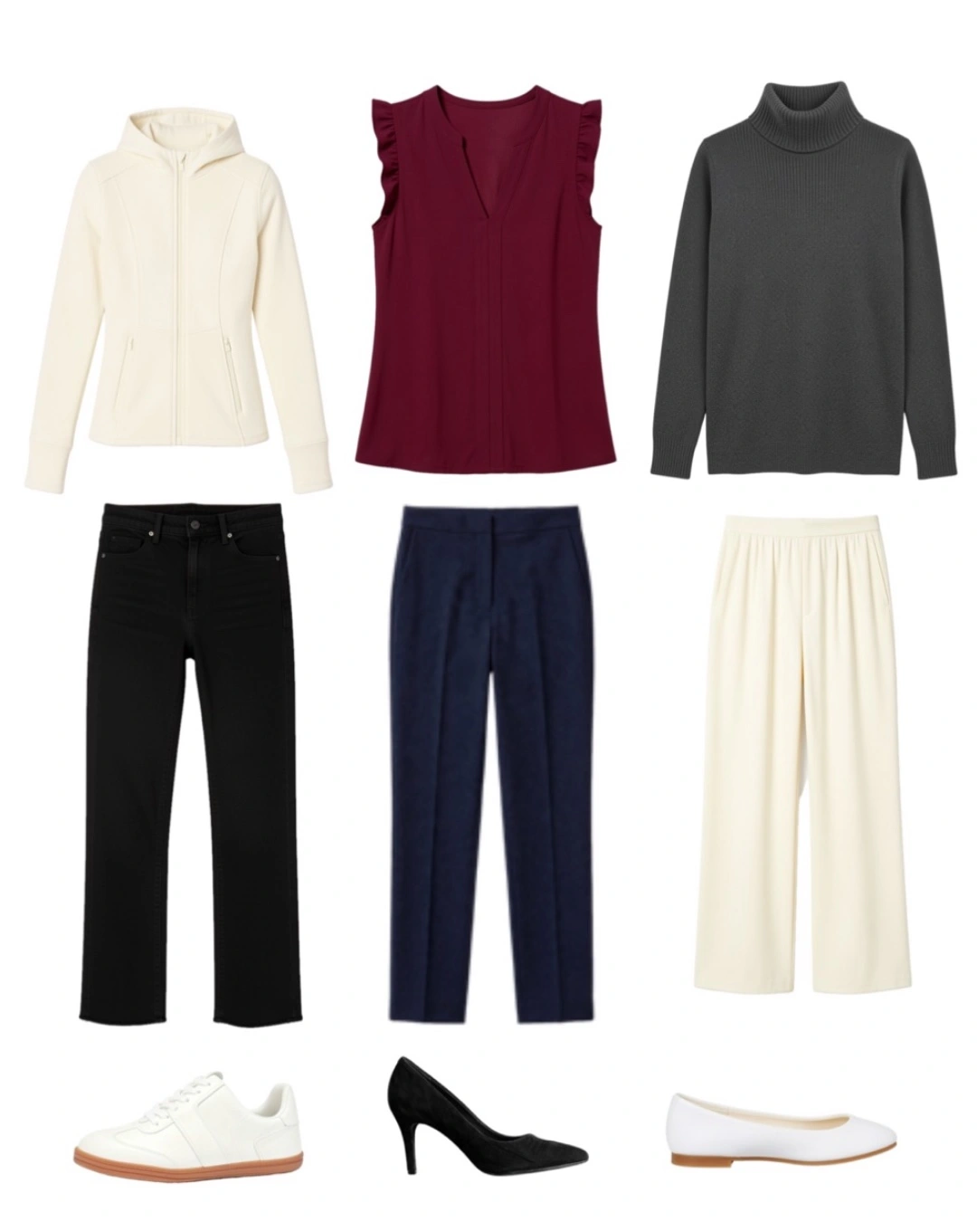 A flat lay of nine pieces in three rows: a cream zip jacket, a burgundy sleeveless top and a charcoal turtleneck; black straight-leg jeans, navy tailored trousers and cream wide-leg trousers; white sneakers, black pumps and white ballet flats