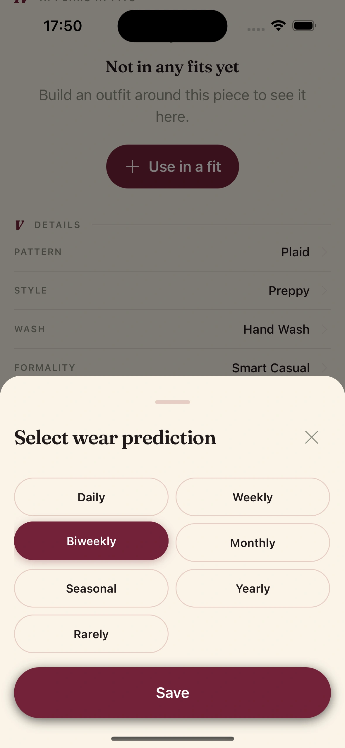 Clottr item detail screen with the wear prediction sheet open, Biweekly selected among Daily, Weekly, Monthly, Seasonal, Yearly and Rarely