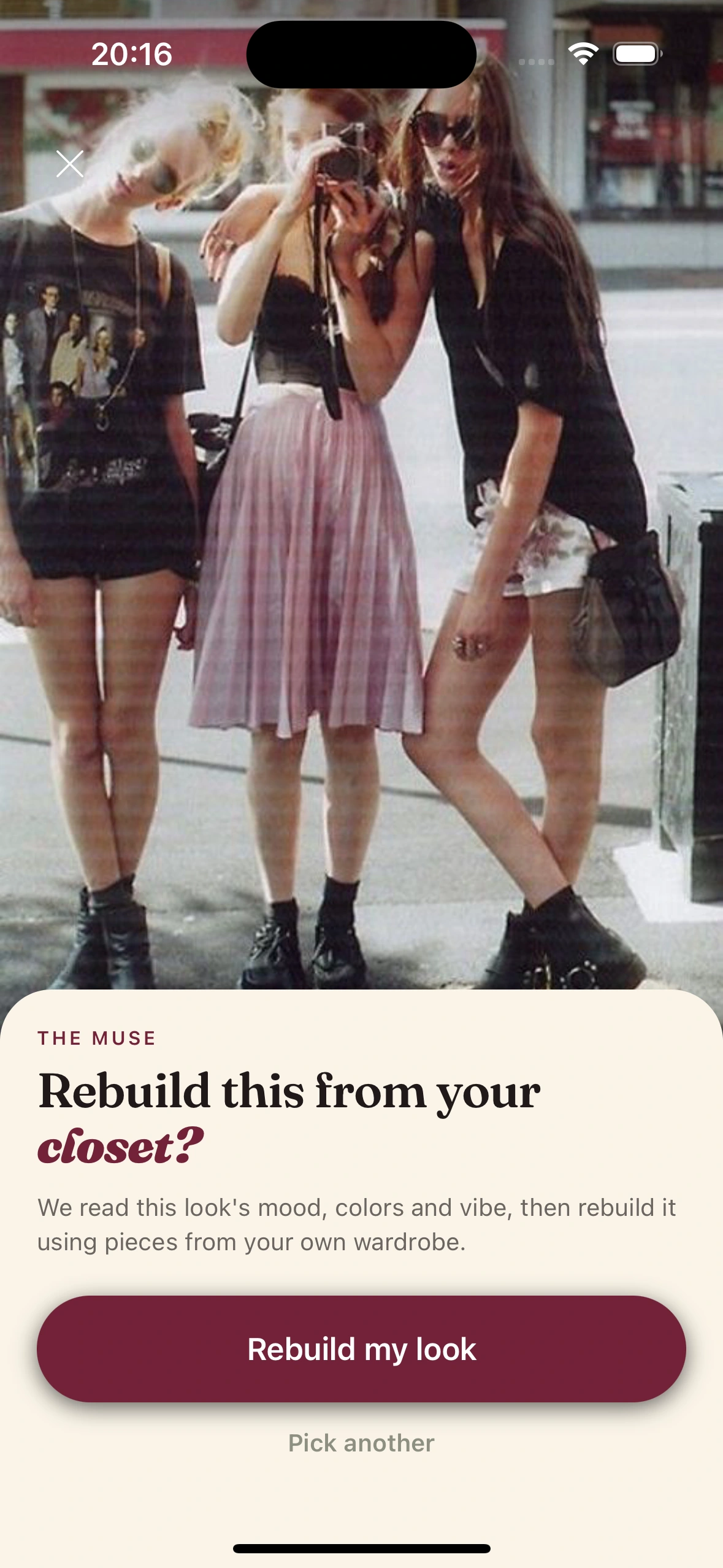 Clottr Muse asking whether to rebuild a 90s street photo (three friends in black tops, a pleated pink skirt and combat boots) from your own closet, with a Rebuild my look button
