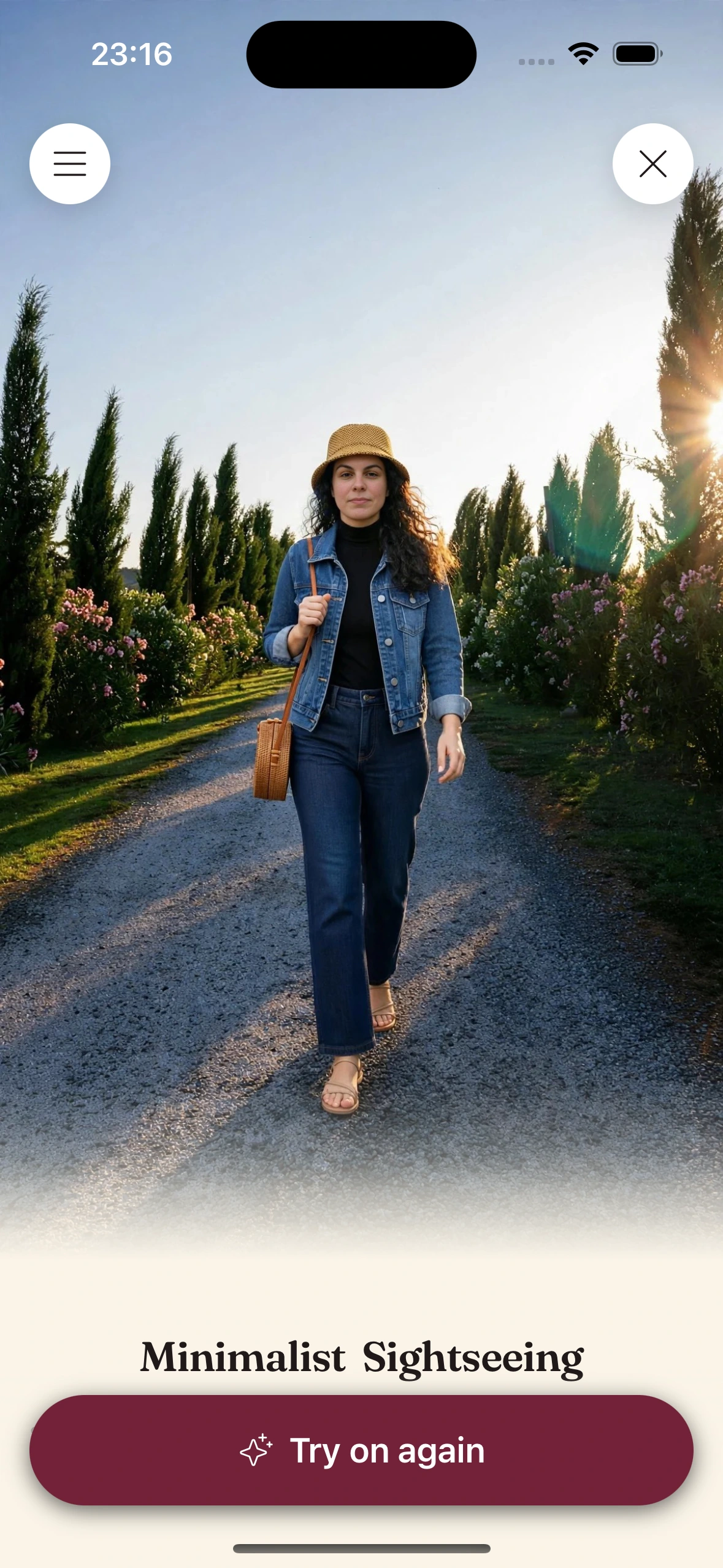 A Muse look titled Minimalist Sightseeing (denim jacket, black turtleneck, dark straight jeans, woven bucket hat, round rattan bag, flat sandals) rendered with virtual try-on from the user's own photo