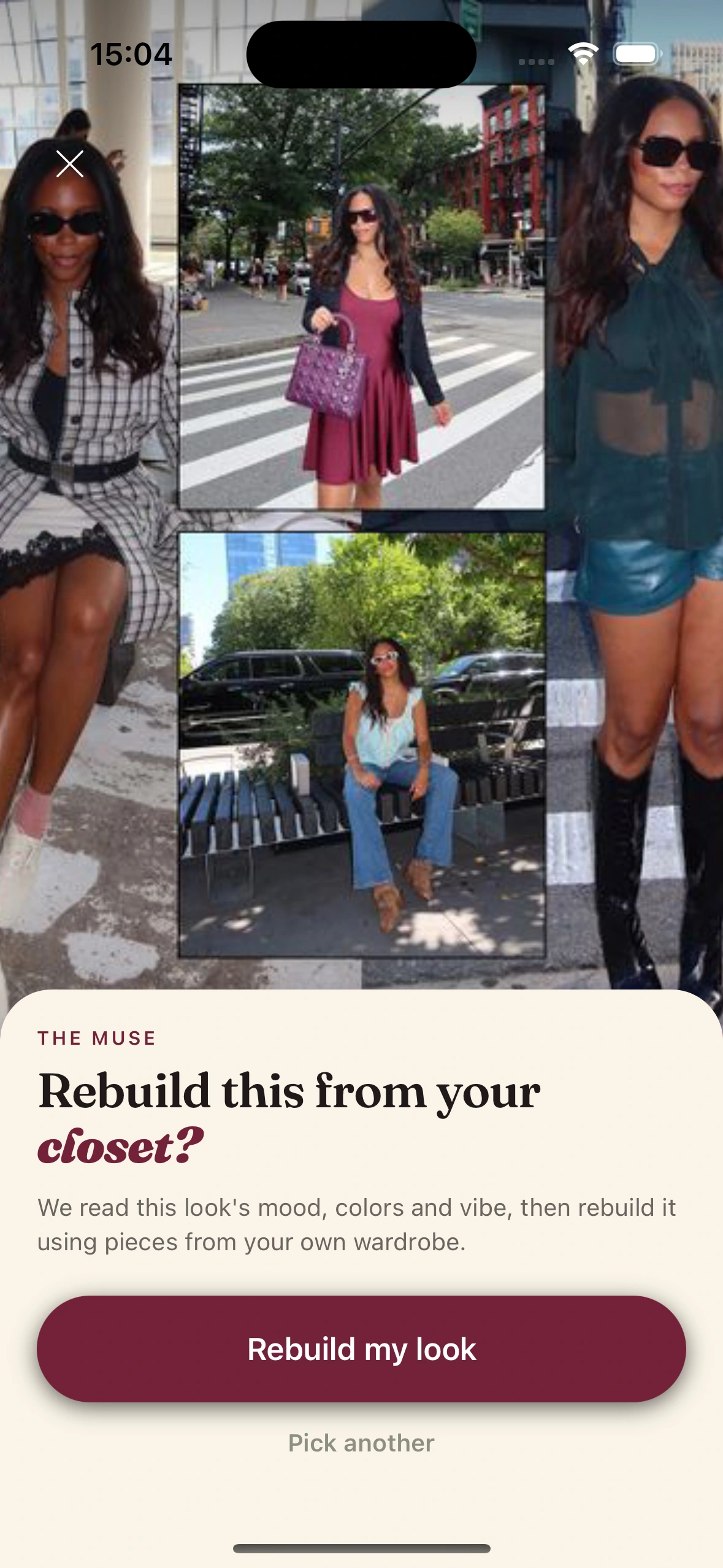 Clottr Muse asking whether to rebuild a street-style collage (small dark sunglasses, flared jeans, a plaid coat dress, a little top-handle bag) from your own closet, with a Rebuild my look button