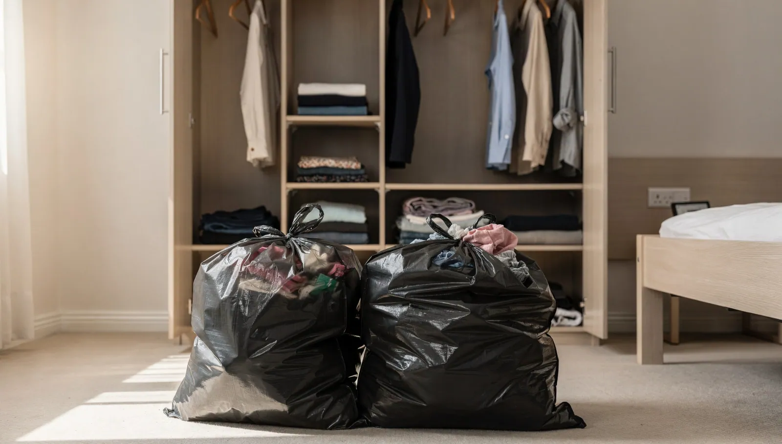 Two bin bags of donated clothes after the closet purge