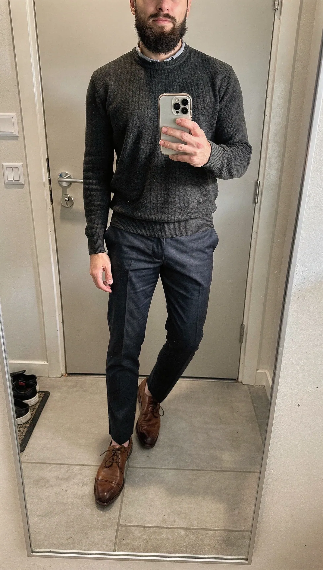 Dressed and out the door in 90 seconds — navy chinos, merino, and Camel Actives