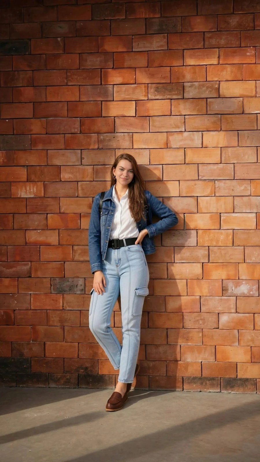 A woman against a brick wall in a denim jacket, a white shirt, a wide black belt and light-wash cargo jeans, with brown loafers
