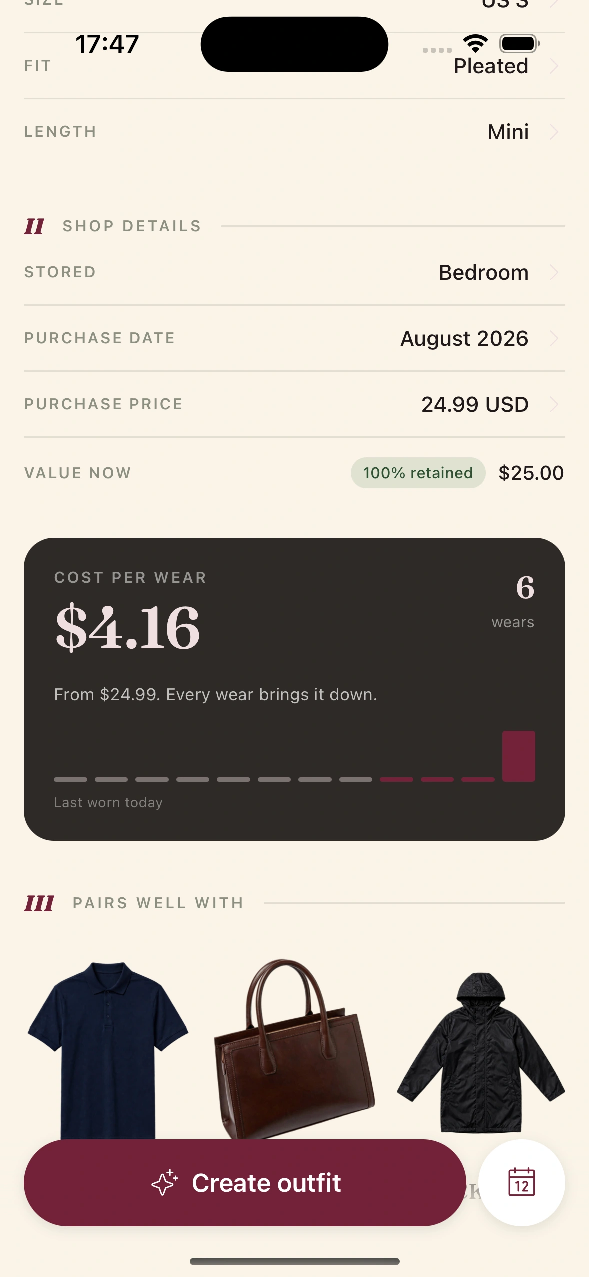 Cost per wear in Clottr for a pleated mini skirt, a figure that drops with every wear, above pieces that pair well with it