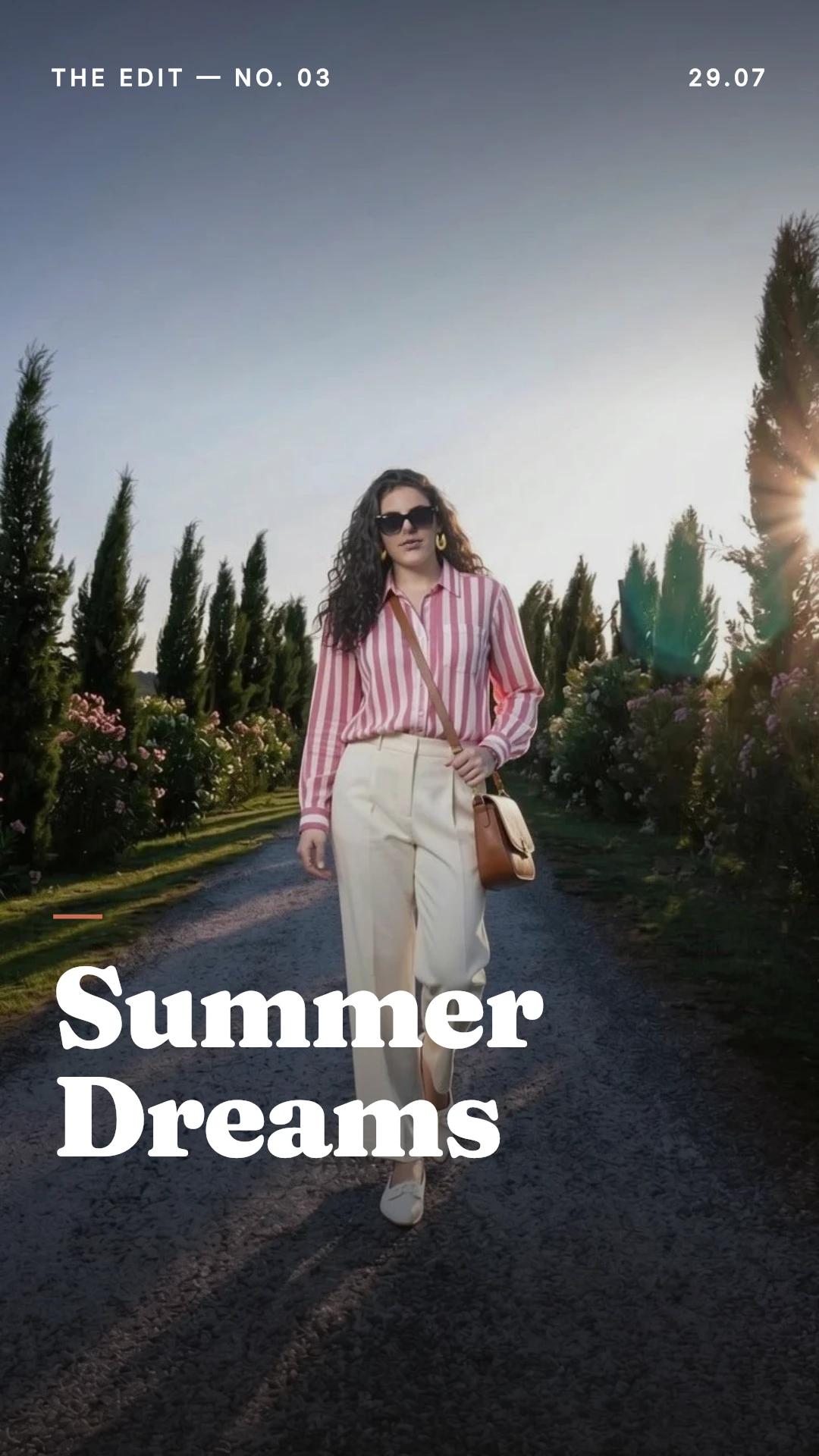 An editorial-style story titled Summer Dreams, made from a try-on of a pink striped shirt and cream trousers