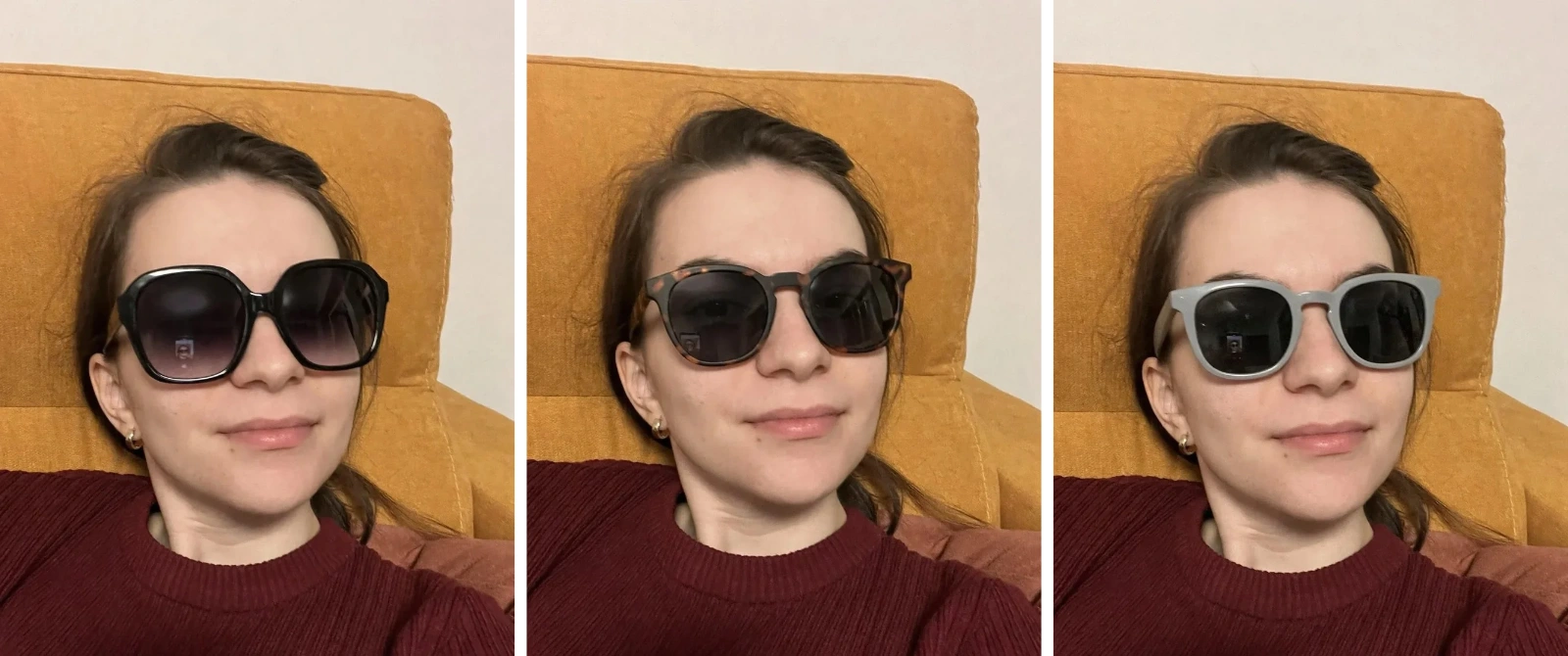The same woman in three frame shapes side by side: oversized square black sunglasses, rounded tortoiseshell sunglasses and light gray sunglasses with a keyhole bridge