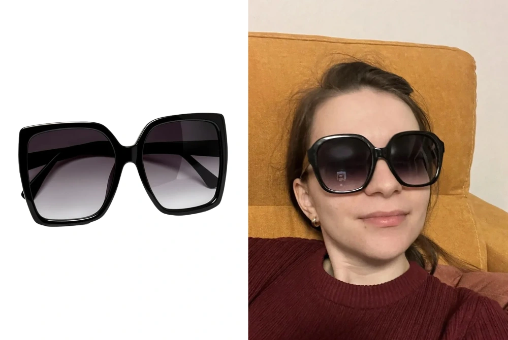 A product photo of oversized square black sunglasses with gradient lenses next to the same pair rendered on a woman's selfie in Clottr