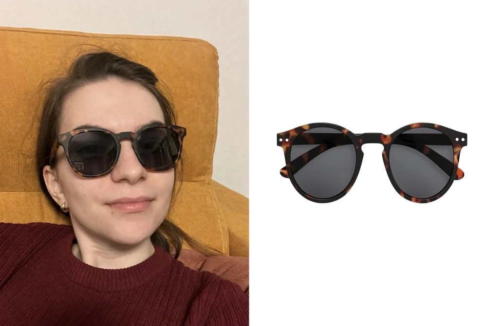 A product photo of round tortoiseshell sunglasses next to the same pair rendered on a woman's selfie in Clottr