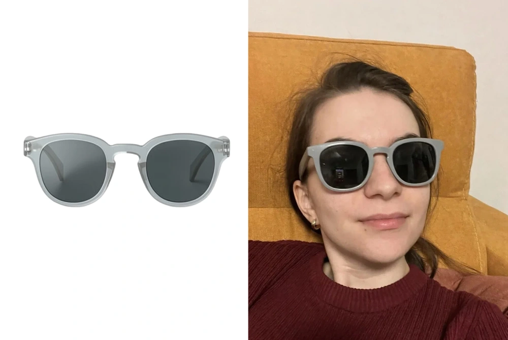 A product photo of light gray sunglasses with a keyhole bridge next to the same pair rendered on the same woman's selfie