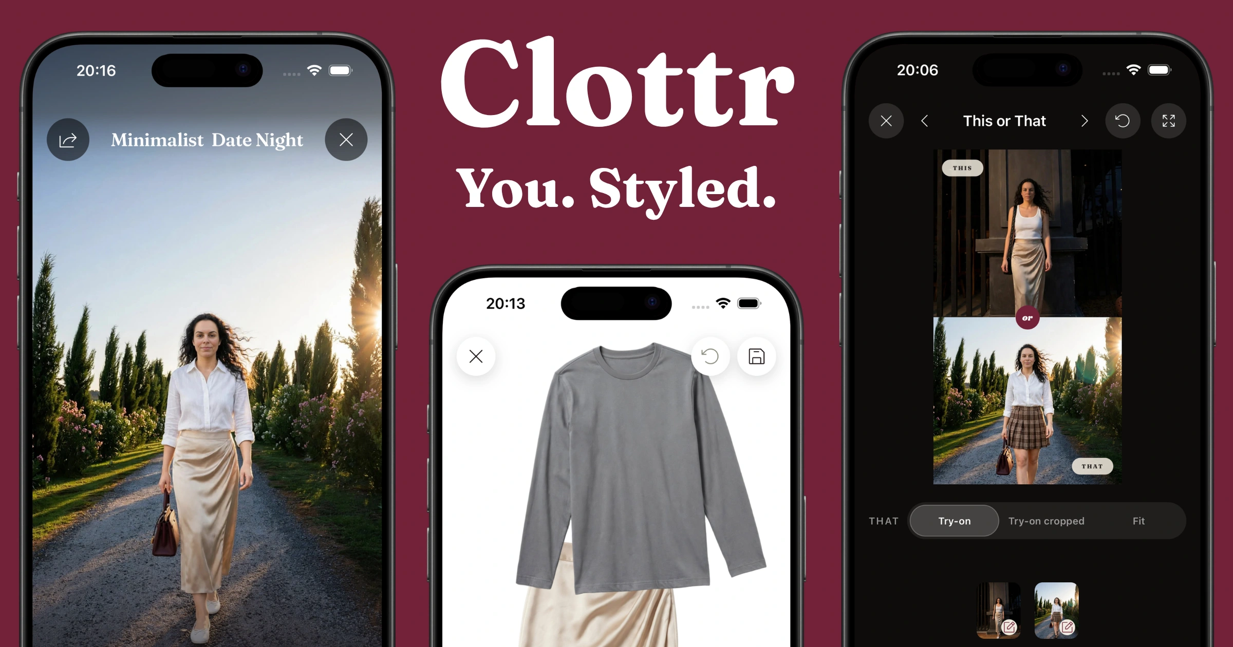 The Clottr wordmark and the line You. Styled. on burgundy, between three app screens