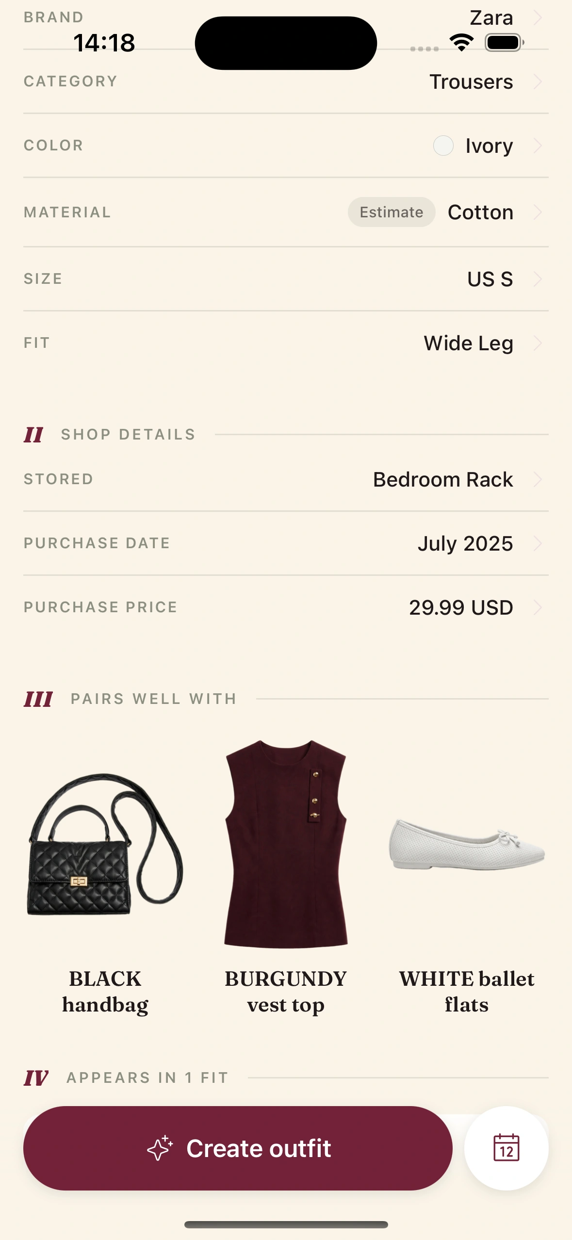 Item details in Clottr for ivory Zara trousers: color, material, size and cut filled in, with pieces that pair well