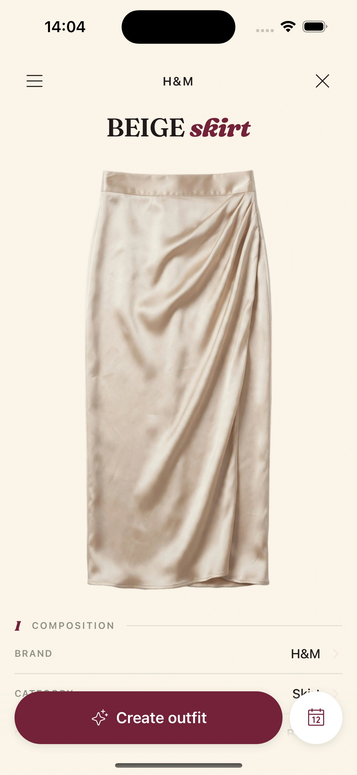 A single wardrobe item in Clottr: a beige skirt from H&M, with a Create outfit button
