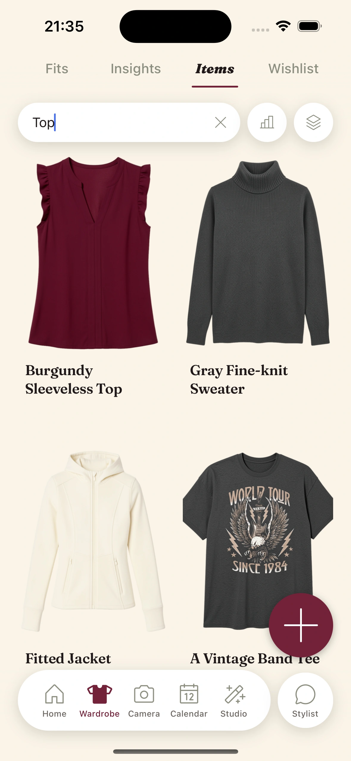 Clottr's wardrobe searched for tops: a burgundy sleeveless top, a gray fine-knit sweater, a fitted jacket and a vintage band tee