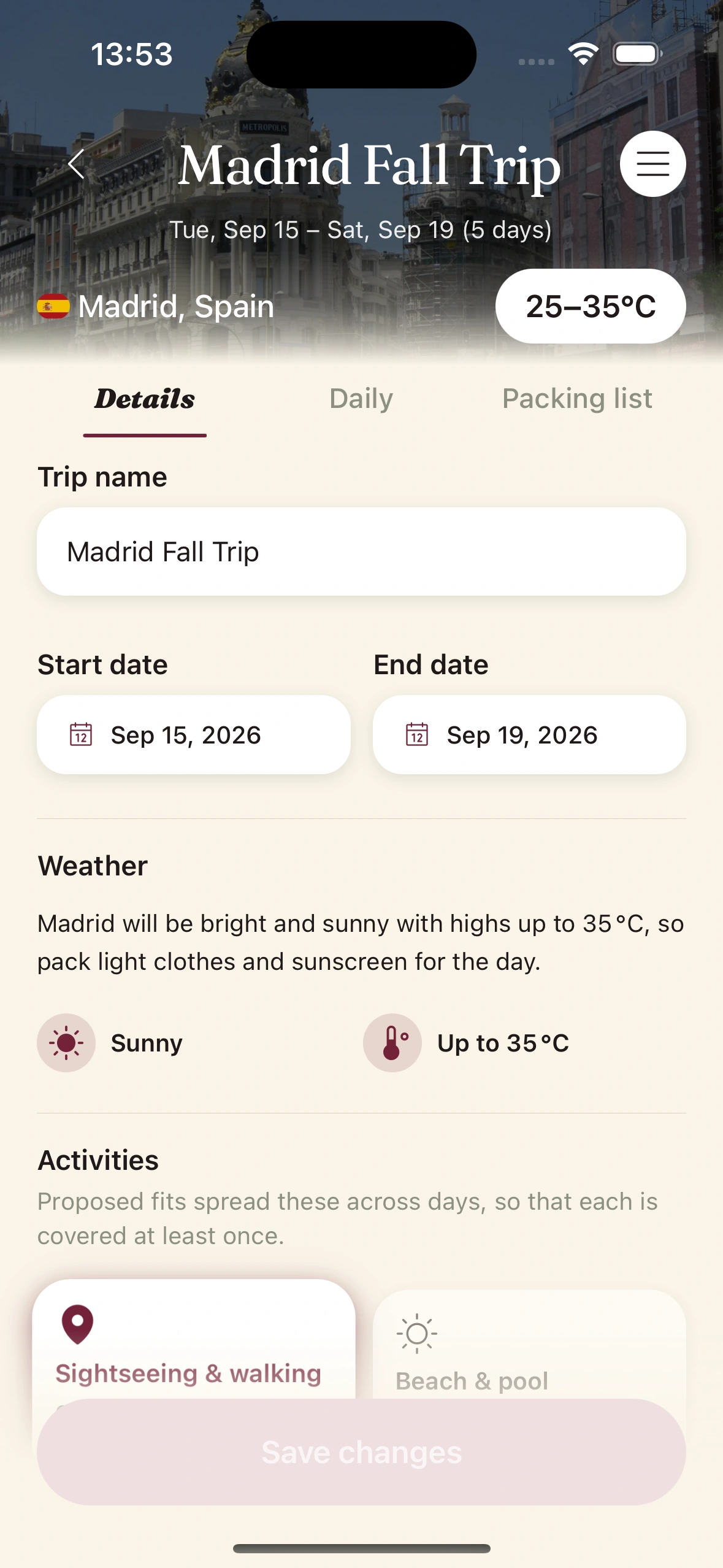 Clottr planning a travel capsule around the weather expected at the destination