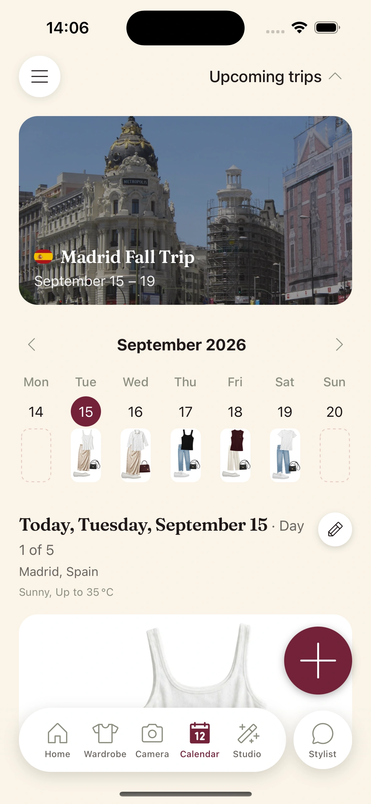 The Clottr calendar for a trip to Madrid in September, with an outfit planned for each day and a sunny forecast